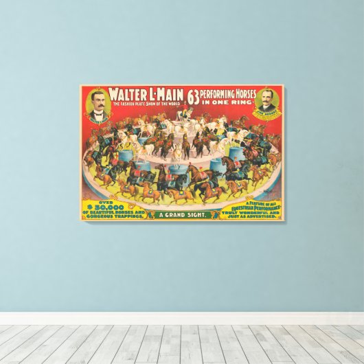 Zirkusposter mit 63 Darstellenden Pferden in einem Leinwanddruck (Insitu (Holzboden))