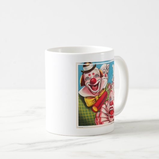 Zirkusposter mit Clown-Gesichtern und Feuerriss Kaffeetasse (VorderseiteRechts)