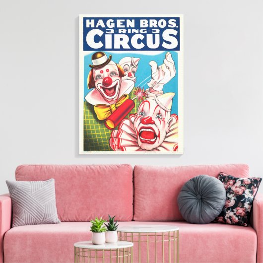 Zirkusposter mit Clown-Gesichtern und Feuerriss Leinwanddruck (Insitu (Wohnzimmer))