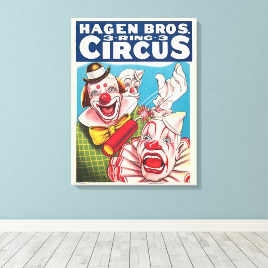 Zirkusposter mit Clown-Gesichtern und Feuerriss Leinwanddruck (Insitu (Holzboden))