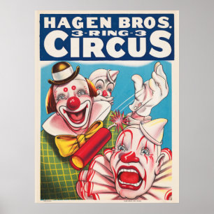 Zirkusposter mit Clown-Gesichtern und Feuerriss Poster