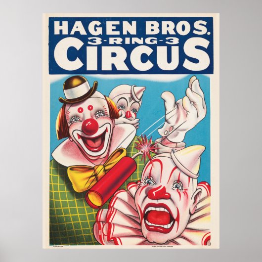Zirkusposter mit Clown-Gesichtern und Feuerriss Poster (Vorne)