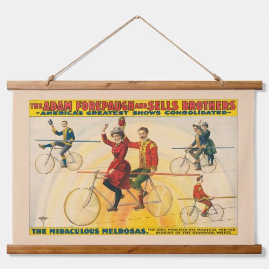 Zirkusposter mit Fahrradfahrern auf der Zackenbühn Wandteppich Mit Holzrahmen (Vorne)
