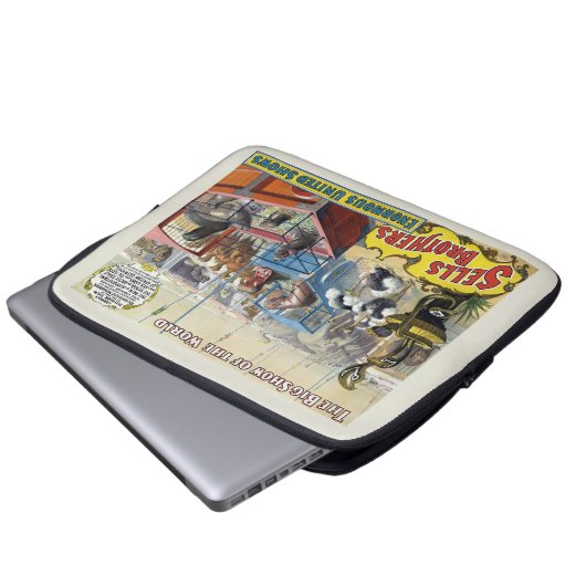 Zirkusposter mit Wildtieren in Käfigen Laptopschutzhülle (Vorne Knopf)