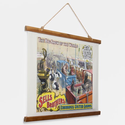 Zirkusposter mit Wildtieren in Käfigen Wandteppich Mit Holzrahmen (Gewinkelt)