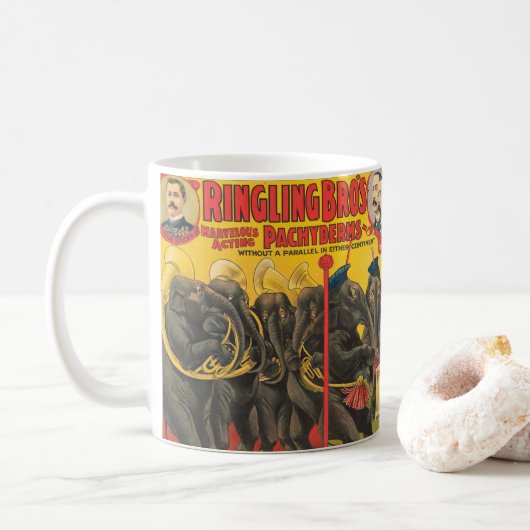 Zirkusposter von Elefanten Darstellend Kaffeetasse (Mit Donut)