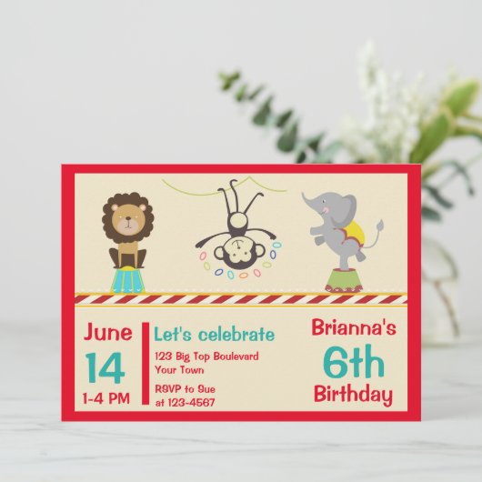 Zirkustier-Geburtstag Einladung (Stehend Vorderseite)