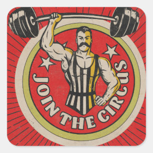Zirkuswerbung Strongman im Vintage-Stil Quadratischer Aufkleber