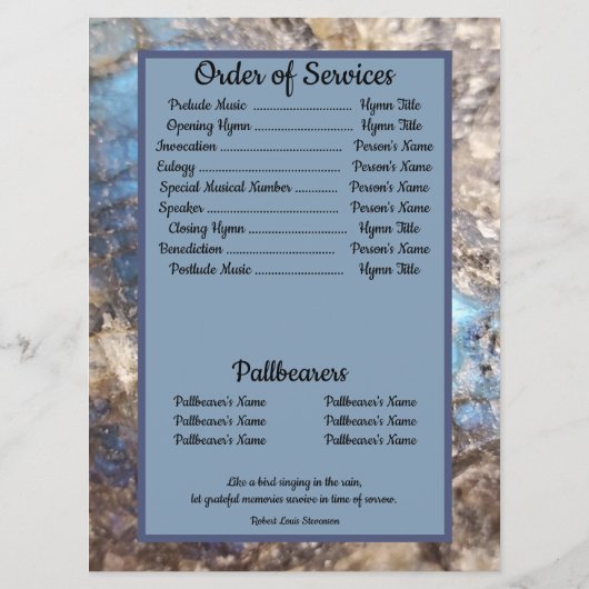 Zitat Foto Blue Green Labradorite Beerdigung Programm (Rückseite)