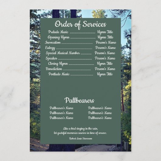 Zitat Foto Pine Tree Hintergrund Beerdigung Programm (Rückseite)