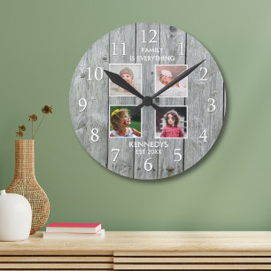 Zitat für graues Holz 4-Collage Familienname Runde Wanduhr