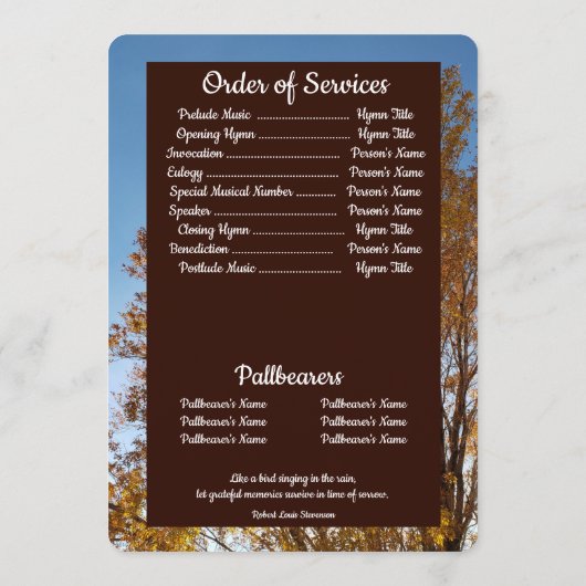 Zitat Golden Leaf Fall Bäume Hintergrund Beerdigun Programm (Rückseite)