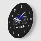 Zitat mit blauem Fahrrad auf schwarz Große Wanduhr (Winkel)