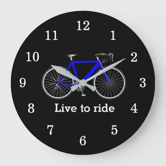 Zitat mit blauem Fahrrad auf schwarz Große Wanduhr (Vorderseite)