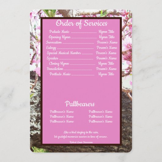 Zitat Pfirsichblüte Baum Hintergrund Beerdigung Programm (Rückseite)