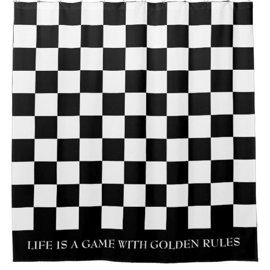 Zitat zum schwarz-weiß karierten Muster Duschvorhang (Vorderseite)