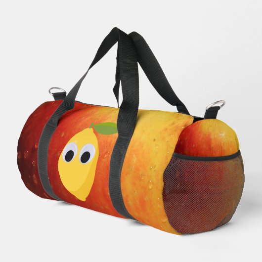 Zitrone, Früchte mit googlischen Augen und Apfel Duffle Bag (Rechte Ecke)