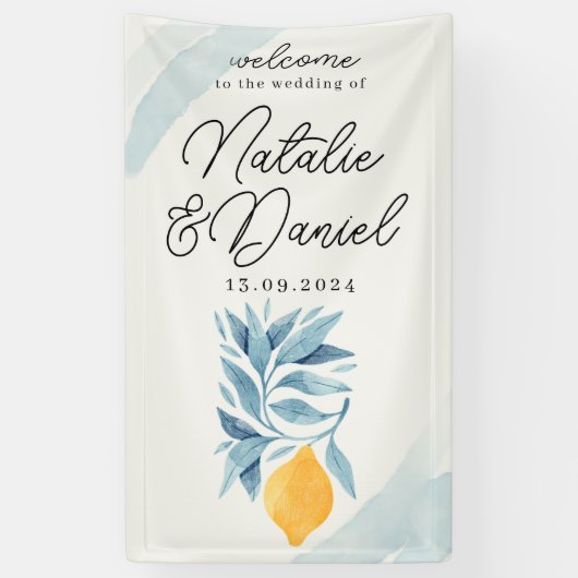 Zitrone mit blauen Blätter botanische Abbildung Banner (Vertikal)