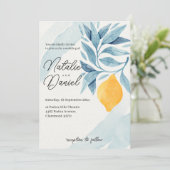 Zitrone mit blauen Blätter botanische Abbildung Einladung (Stehend Vorderseite)