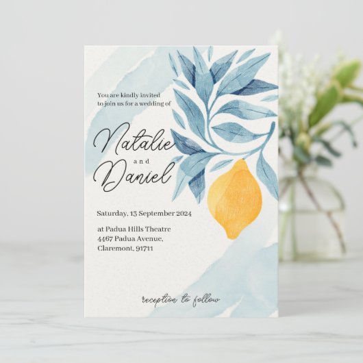 Zitrone mit blauen Blätter botanische Abbildung Einladung (Stehend Vorderseite)