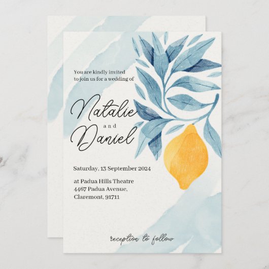 Zitrone mit blauen Blätter botanische Abbildung Einladung (Vorne/Hinten)