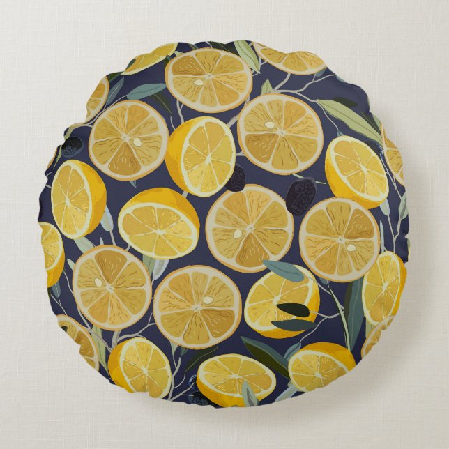 Zitrone, Olivenzweig, nahtlos Vintag. Rundes Kissen (Vorderseite)