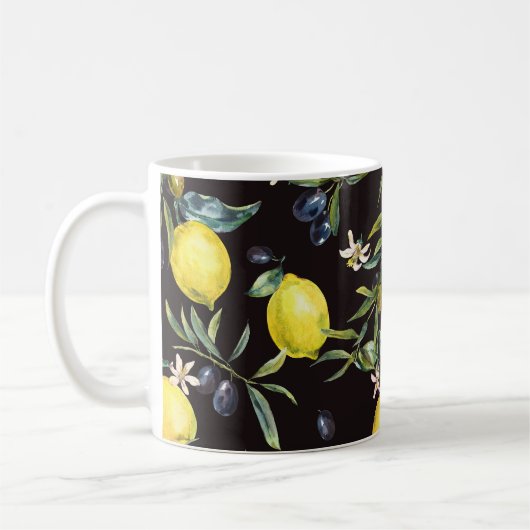 Zitrone, Olivenzweige: Aquarellmuster. Kaffeetasse (Links)