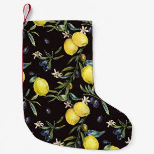 Zitrone, Olivenzweige: Wasserfarbenmuster. Kleiner Weihnachtsstrumpf