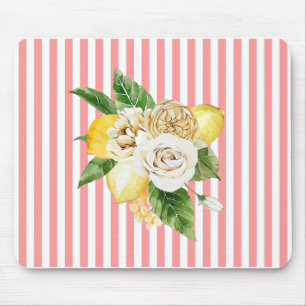 Zitrone und Rose auf Korallenstreifen Mousepad