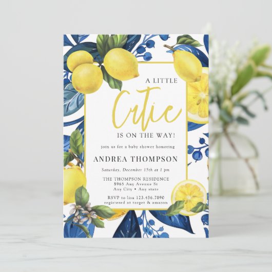 Zitrone | Zitrusfrüchte | Botanische Babydusche Einladung (Stehend Vorderseite)