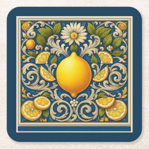 Zitronen Amalfi Blau Mediterrane Art Nouveau Rechteckiger Pappuntersetzer