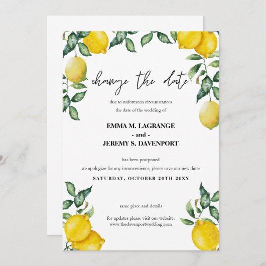 Zitronen Ändern Sie das Datum der Hochzeit Save The Date (Vorne/Hinten)