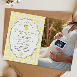 Zitronen-Baby-Party-Gelb-Gingham-Foto Einladung