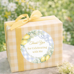 Zitronen blau Junge Gingham Danke Baby Shower Runder Aufkleber