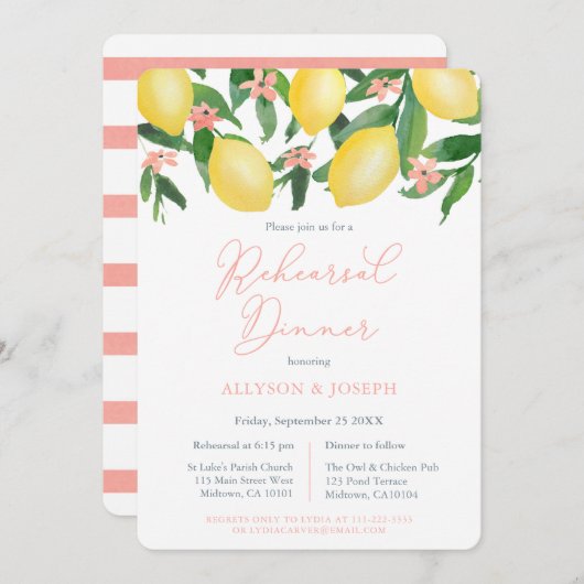 Zitronen Citrus Pink Hochzeit Probe und Abendessen Einladung (Vorne/Hinten)