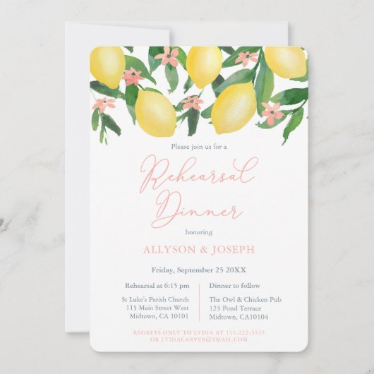 Zitronen Citrus Pink Hochzeit Probe und Abendessen Einladung (Vorderseite)