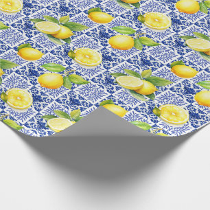 Zitronen-Fliesenmuster Blau Weiß Mediterran Zitrus Geschenkpapier