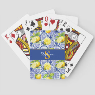 Zitronen-Fliesenmuster Blau Weiße Zitrus-Monogramm Spielkarten