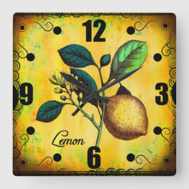 Zitronen-Frucht-Blumen-Blätter-Vintages Quadratische Wanduhr