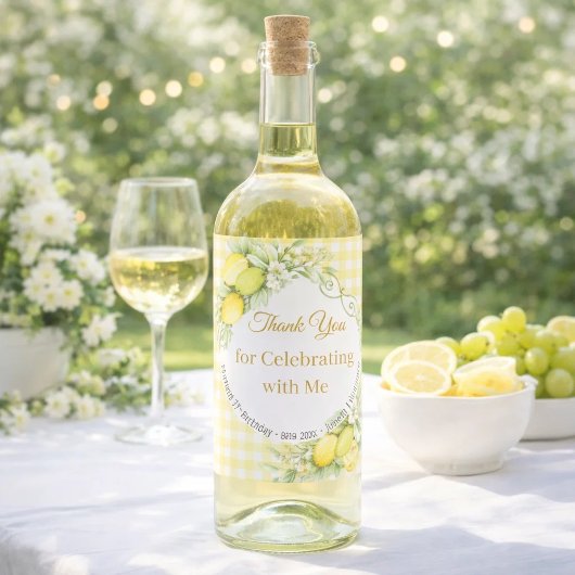 Zitronen gelb Gingham Danke Geburtstag Weinetikett