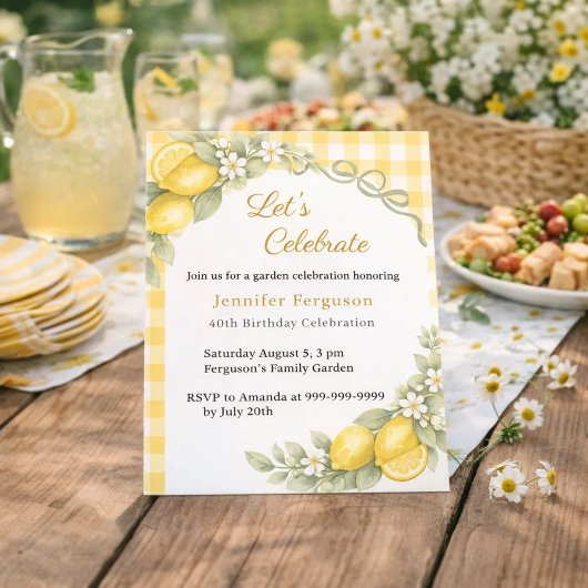 Zitronen-Gingham-Sommer-Garten-Geburtstagseinladun