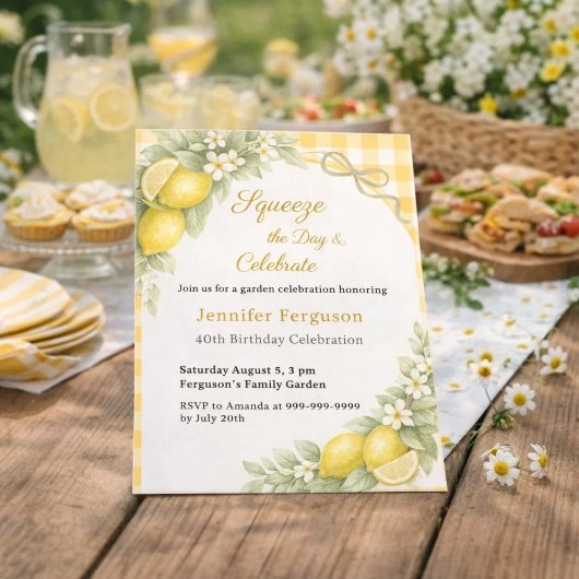 Zitronen-Gingham-Sommer-Garten-Geburtstagseinladun
