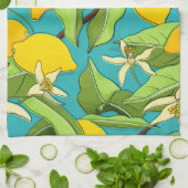 Zitronen, Ladybugs, Blüten im Aquamarinen Hintergr Geschirrtuch (Gefaltet)