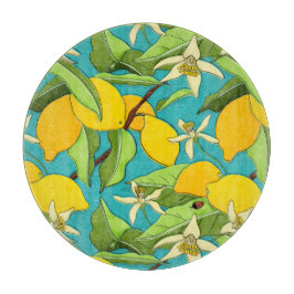 Zitronen, Ladybugs, Blüten im Aquamarinen Hintergr Schneidebrett