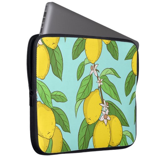 Zitronen, lebendiger, blauer Hintergrund Nahtlos. Laptopschutzhülle (Vorne Rechts)