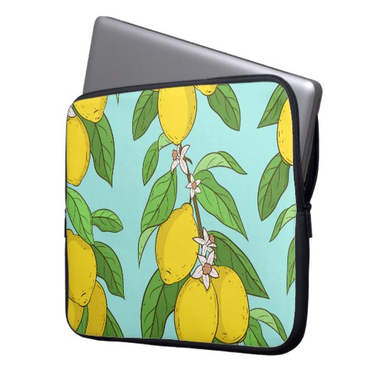 Zitronen, lebendiger, blauer Hintergrund Nahtlos. Laptopschutzhülle (Vorderseite Links)