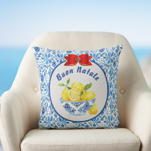 Zitronen-Mittelmeer-Fliese Buon Natale Blau-Rote S Kissen