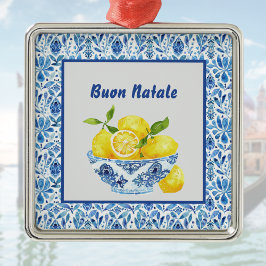 Zitronen-Mittelmeer-Frohe-Weihnachten-Azulejo-Blau Ornament Aus Metall