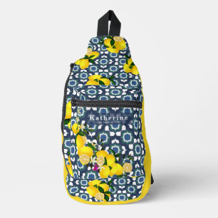 Zitronen-Mittelmeerfliesen Navy Blau Weiß Crossbody Bag