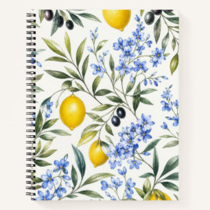 Zitronen-Oliven- und Blaue Blumen Botanik-Notizbuc Notizblock
